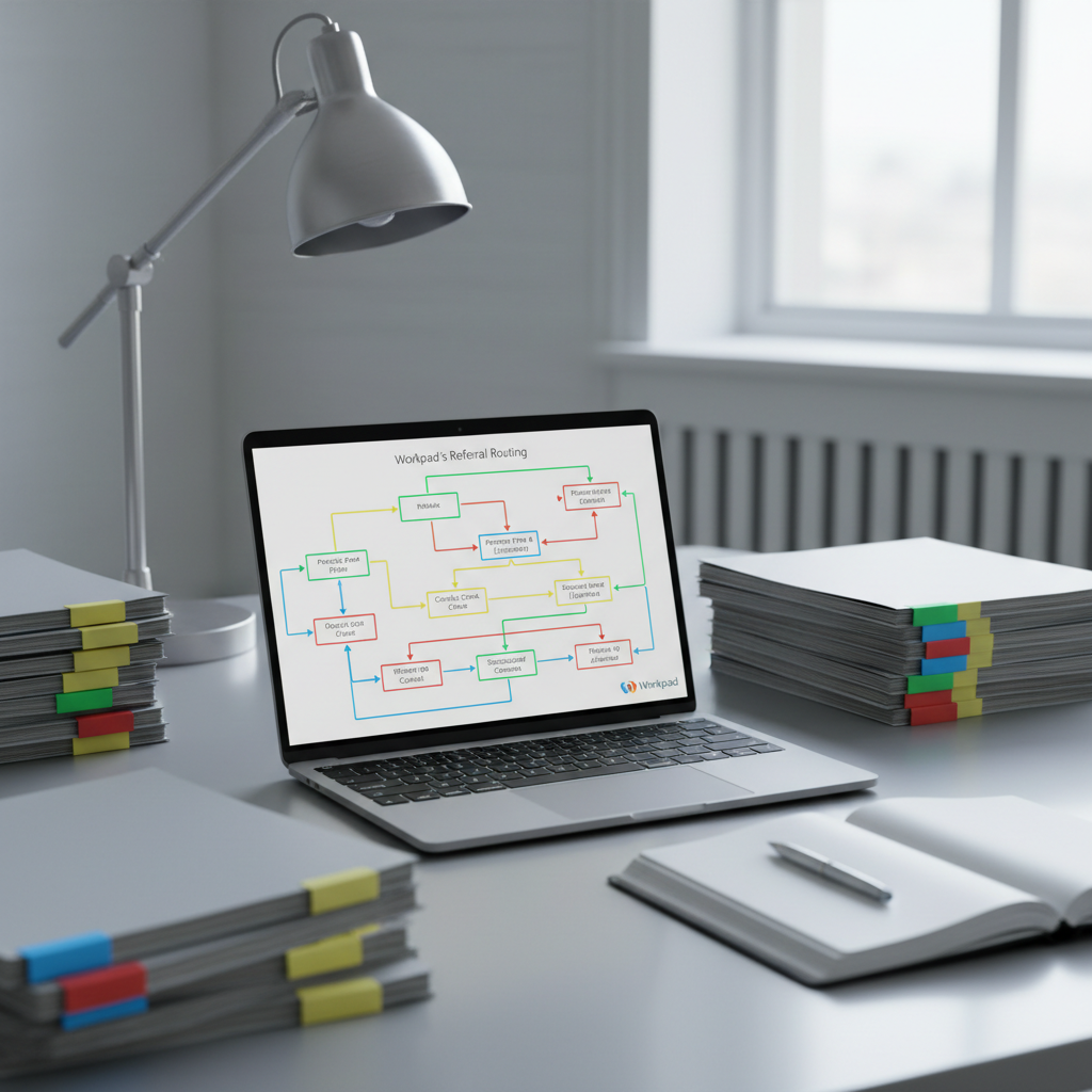 A close-up, photographic view of a polished glass desk holding an open, ultra-thin laptop that displays a clear, colorful flowchart of referral routing between law firms, with arrows and labeled nodes like “Intake,” “Conflict Check,” and “Partner Firm.” Around the laptop are neatly stacked legal case files with color-coded spine labels, a brushed steel desk lamp, and a minimalistic black notebook with a silver pen resting on top. Cool, even office lighting combined with faint natural daylight creates a bright, neutral tone with soft shadows. Captured from a slightly elevated three-quarter angle, the laptop screen is dominant while the surrounding elements remain sharp but unobtrusive. The mood is analytical, efficient, and forward-looking, emphasizing Workpad’s structured, data-driven approach to managing trusted referral networks.