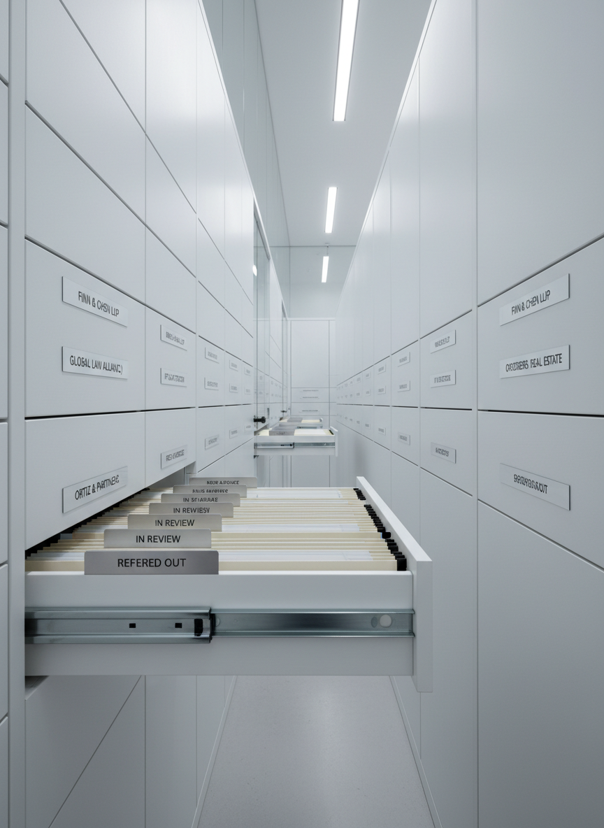 Inside a sophisticated, glass-walled records room, rows of matte white storage cabinets with minimalist handles extend into the distance, each labeled with small, precise tags for different referring firms and practice areas. In the foreground, a single cabinet drawer is partially open, revealing impeccably organized hanging folders separated by metallic index tabs marked “New Intake,” “In Review,” and “Referred Out.” Cool, evenly distributed LED ceiling lights bathe the space in clear, shadow-free illumination, highlighting the order and cleanliness. Captured from a slightly low, linear perspective that emphasizes depth and structure, the photographic composition feels orderly and secure. The atmosphere is quiet, methodical, and trustworthy, visually communicating the disciplined back-office infrastructure behind a professional referral network management system for law firms.
