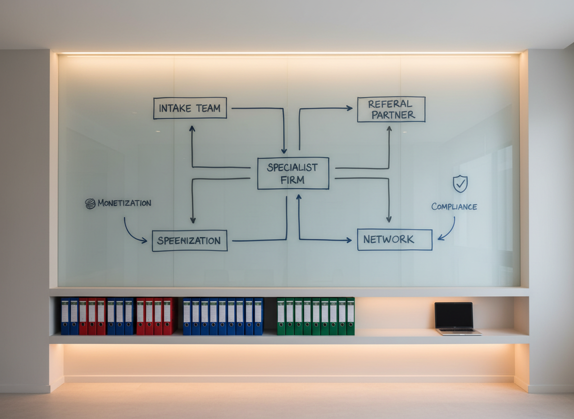 An overhead, photographic shot of a large, whiteboard-style glass wall panel in a law firm operations room, covered with neatly drawn referral pathways in dark blue and slate gray marker. Each pathway connects labeled rectangles representing “Intake Team,” “Specialist Firm,” and “Referral Partner Network,” with subtle icons indicating monetization and compliance. On a nearby floating shelf beneath the glass panel, there are organized rows of color-coded binders and a single, closed silver laptop. Soft, indirect LED strip lighting from above and below the panel creates a sophisticated glow and minimal reflections, enhancing legibility. The composition is symmetrical, with sharp focus across the frame, conveying a methodical, strategically planned network environment that feels modern, professional, and highly structured.