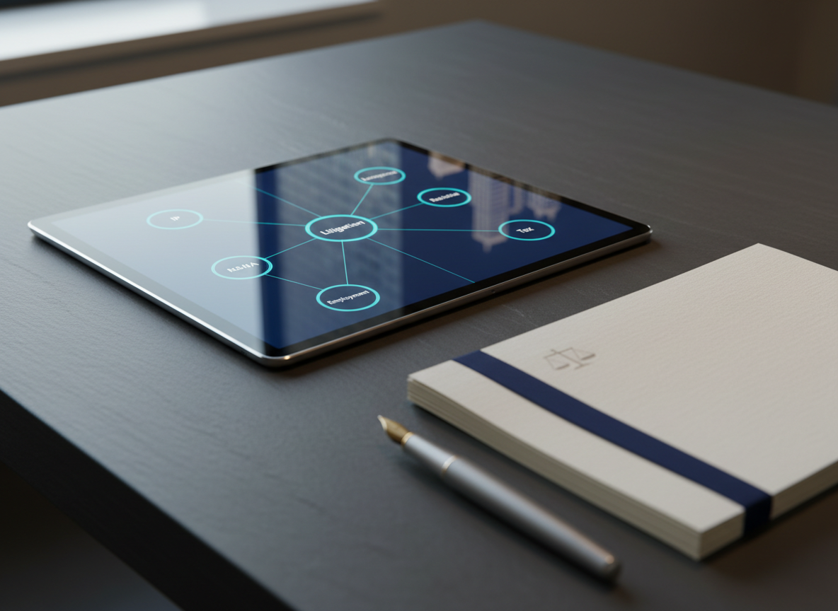 A detailed, photographic close-up of a smooth, dark slate tabletop featuring an illuminated tablet displaying a clean referral network dashboard: interconnected nodes in refined blues and teals, each labeled with practice areas like “IP,” “Litigation,” and “M&A.” Beside the tablet lies a stack of premium, textured legal stationery with a subtle watermark, bound by a slim navy band, and a brushed metal fountain pen aligned precisely. A faint reflection of a city skyline appears on the tablet’s glossy screen, hinting at a high-rise law office setting. Cool, late-afternoon daylight filters through unseen windows, combined with soft overhead office lighting, casting minimal, controlled shadows. Shot from a low, side angle with shallow depth of field, the interface remains sharply focused while the stationery gently blurs, evoking a refined, tech-forward law firm environment.